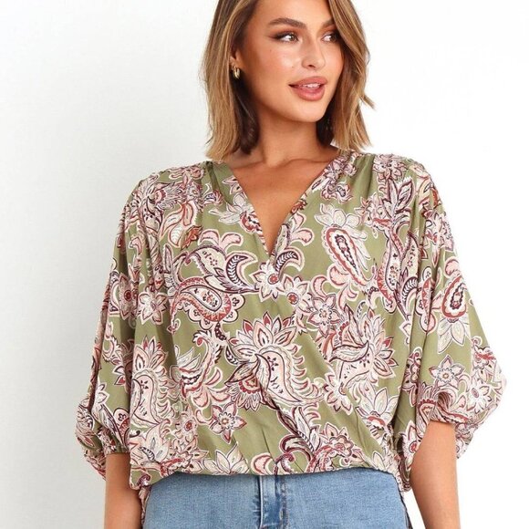 Petal & Pup Tops - NWT Petal & Pup Overlay Rayon Kendra Top - Olive Paisley, size M/L